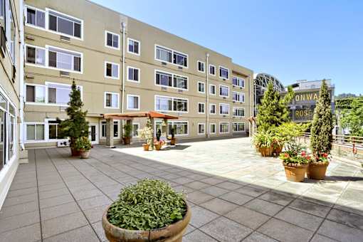 A courtyard with a large planter in the center and apartment buildings in the background.