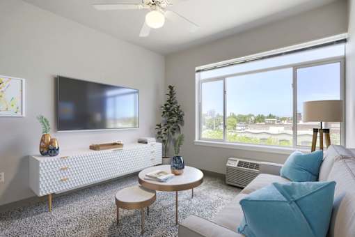 A living room with a couch, a television, a table, and a plant.