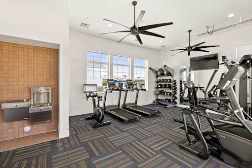 a gym with treadmills and other exercise equipment and a window at Zora Encanto, Phoenix, AZ