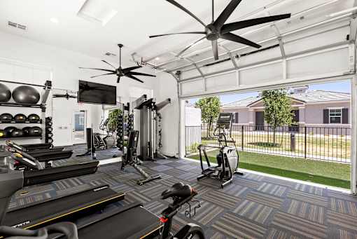 a gym with weights and cardio equipment and a large window at Zora Encanto, Phoenix, Arizona