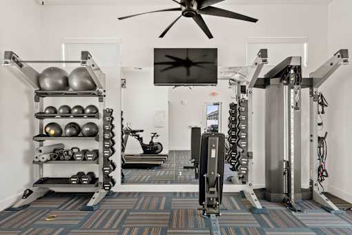 a home gym with weights machines and a ceiling fan at Zora Encanto, Phoenix, AZ 85035