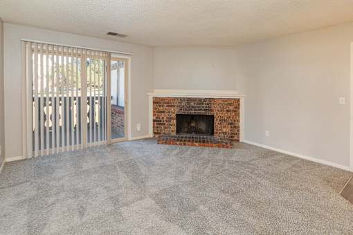 A room with a fireplace and a sliding glass door.