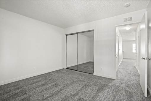 A room with a carpeted floor and a sliding door.