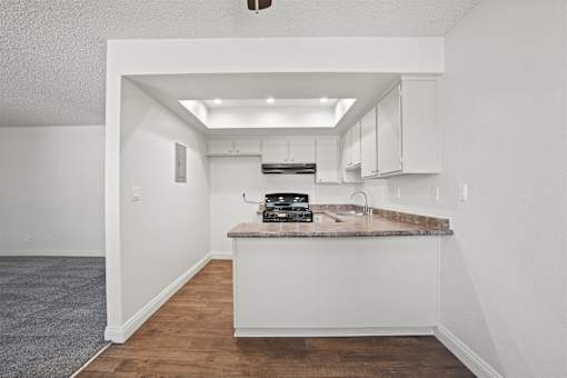 A kitchen with a counter and cabinets.