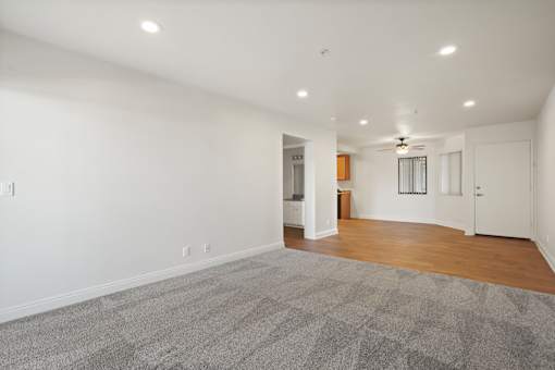 A large, empty room with a carpeted floor and a ceiling fan.