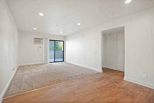 A room with a carpet, wooden floor and a sliding glass door.