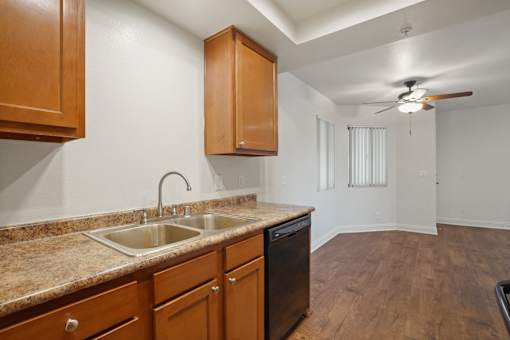 A kitchen with a sink, a dishwasher and a fan.
