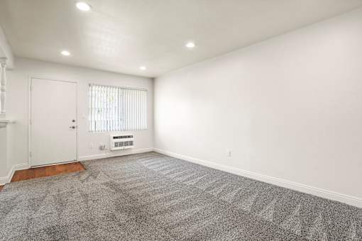 A room with a carpet and a window with blinds.