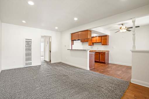 A spacious room with a grey carpet and wooden floors.