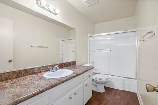 A bathroom with a sink, toilet, and a mirror.