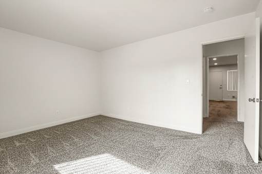 A room with a carpet and a door.