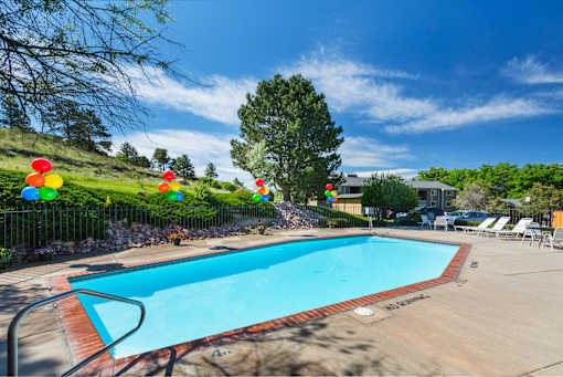 A pool surrounded by trees and bushes with a clear blue sky.