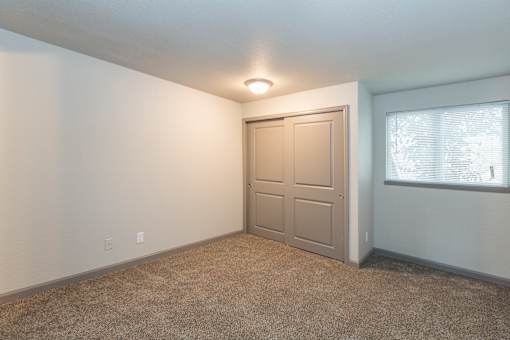 A room with a carpeted floor, a white door, and a window with blinds.