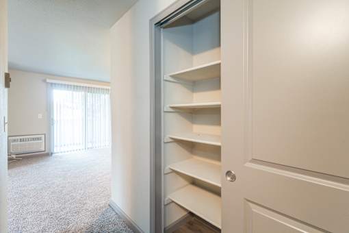 A white pantry with an open door revealing empty shelves.