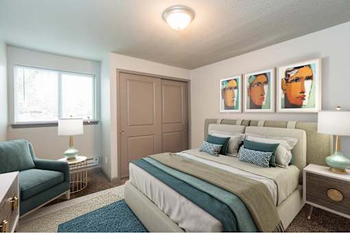 A bedroom with a bed, a chair, and a painting on the wall.