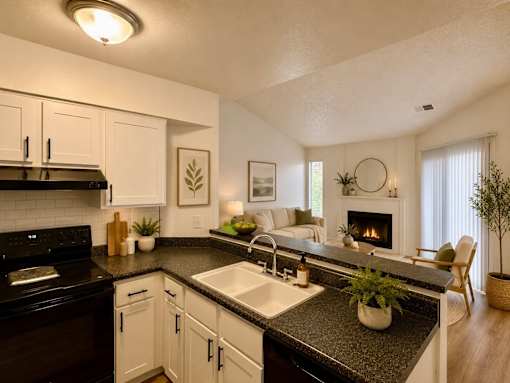 A modern kitchen with a black countertop and white cabinets.