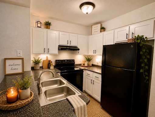 A kitchen with a black refrigerator, white cabinets, and a countertop with a tray of candles.