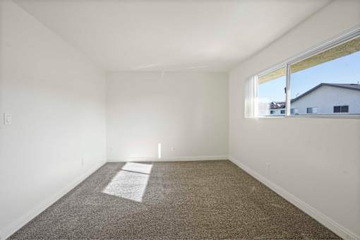 A room with white walls and a carpeted floor.