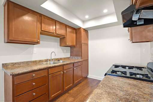 A kitchen with brown cabinets and a granite countertop.