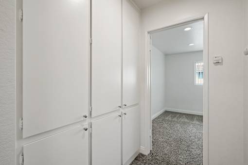 A white closet with a mirror and a carpeted floor.