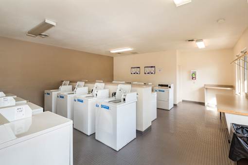 A laundromat with rows of washers and dryers.