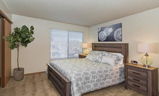 A bedroom with a large bed, a nightstand, and a potted plant.