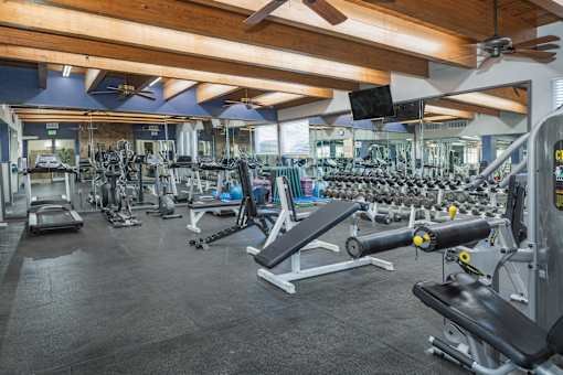 A gym with a variety of equipment including treadmills, weights, and exercise machines.