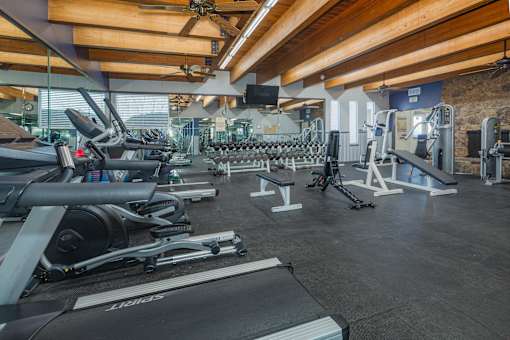 A gym with treadmills, weights, and exercise equipment.