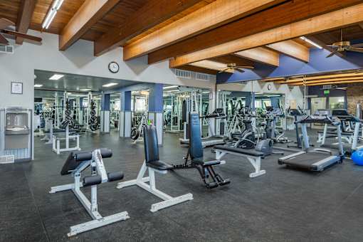 A gym with a variety of equipment including weights and benches.