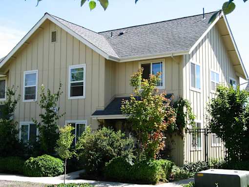 A house with a grey roof and beige siding with a tree in front of it.