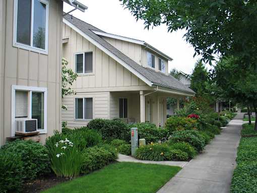 A long concrete walkway leads to a building with a well-kept lawn and garden.