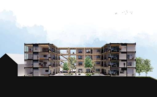 A modern building with balconies and a courtyard.