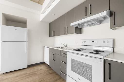 A white fridge and stove in a modern kitchen.