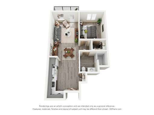 A 3D floor plan of a house with a kitchen, living room, and two bedrooms.