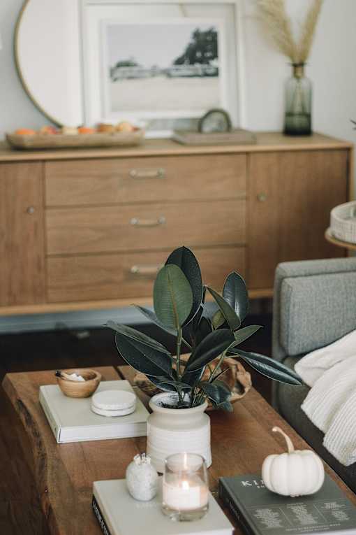 a living room with a coffee table and a dresser in the background