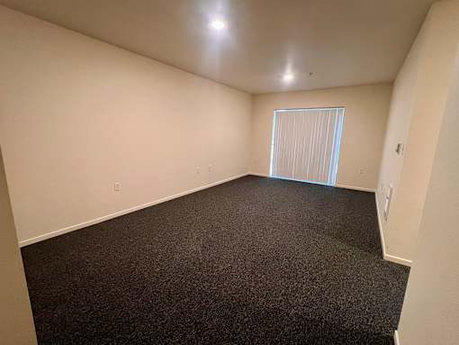 A room with a carpeted floor and a window with blinds.