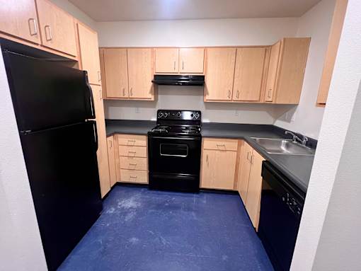 A kitchen with black appliances and wooden cabinets.