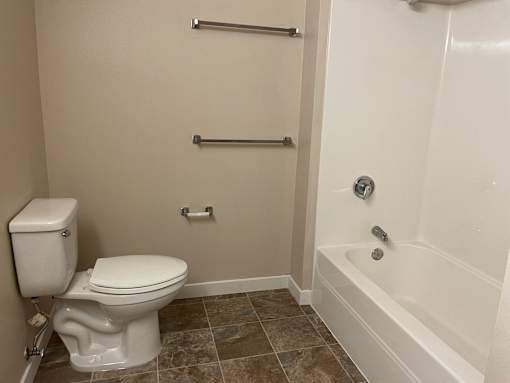 A white toilet sits next to a bathtub in a bathroom.