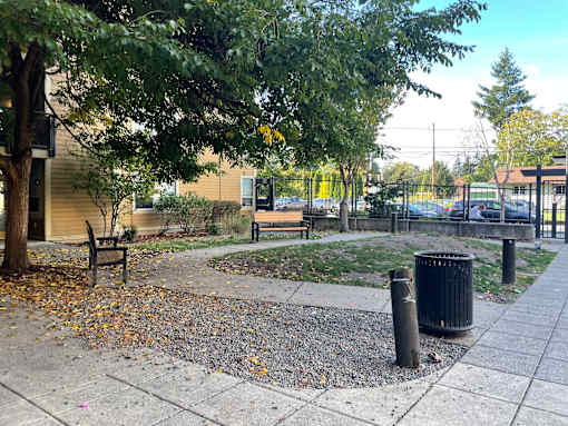 A park with a bench and a tree.