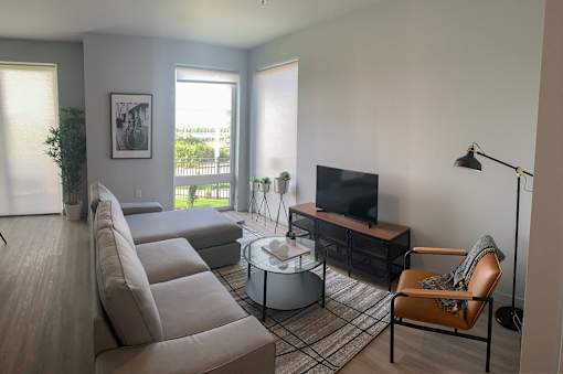 A living room with a brown sofa, a coffee table, a television, and a rug.