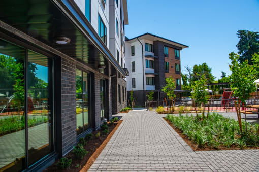 a sidewalk in front of a building with trees and plants