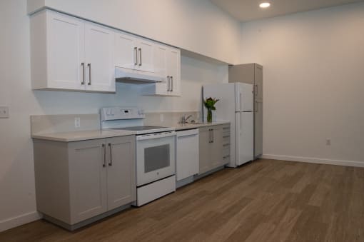 the preserve at ballantyne commons apartment kitchen with white cabinets and appliances