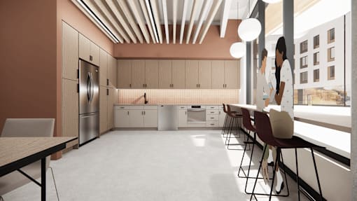 A modern kitchen with a long table and chairs.