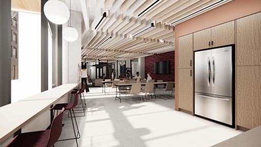 A modern kitchen with a long table and chairs.