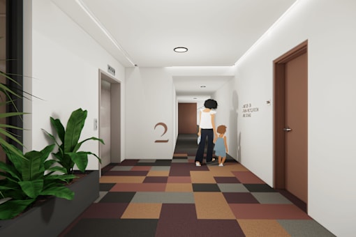 A hallway with a tiled floor and a plant on the left.