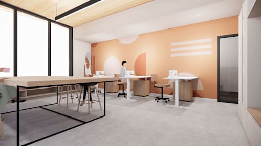 A modern office space with a long table and chairs.