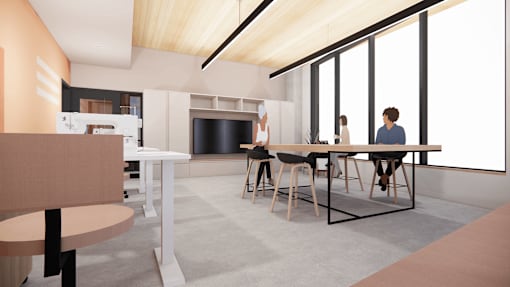 A modern dining area with a table and chairs.