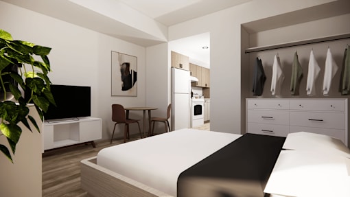 A modern bedroom with a large bed, a TV, a chair, a dining table, and a plant.