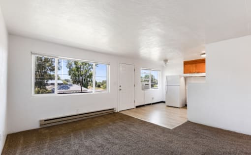 A room with white walls and a brown carpet.