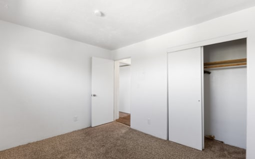 A room with white walls and carpeted floor with a white door and a white wardrobe.
